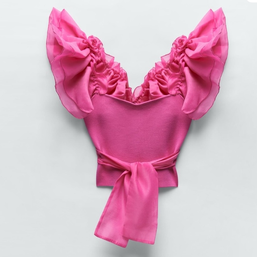 ZARA pink knit top organza bow
